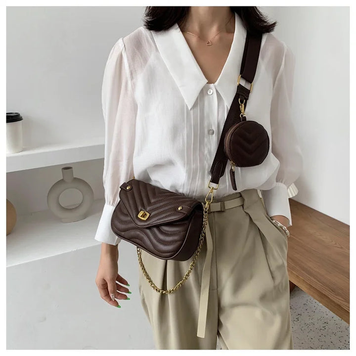 Petit sac à main femme en cuir PU matelassé noir, avec chaîne dorée, élégant pour toute occasion.