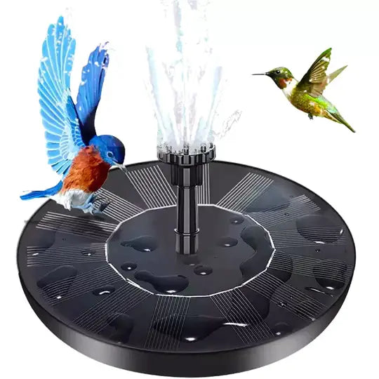 "Petite fontaine solaire flottante, design innovant, attire oiseaux, écoulement d'eau doux, matériaux résistants."