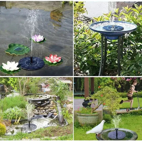 "Petite fontaine solaire flottante, design innovant, attire oiseaux, écoulement d'eau doux, matériaux résistants."