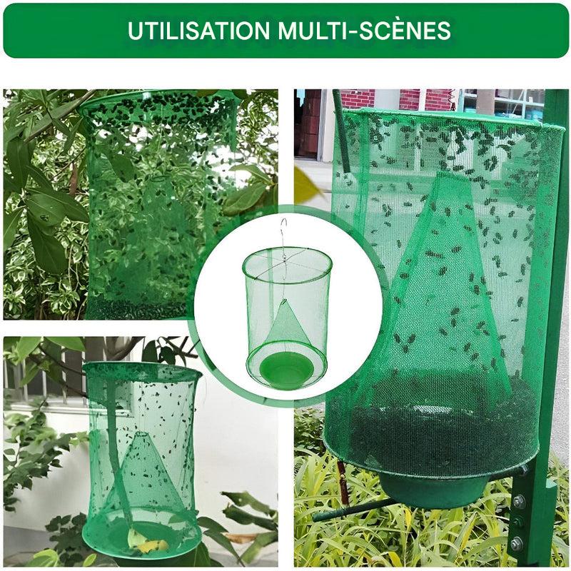 "Piège à mouches stable écologique, réutilisable, maille durable, appât inodore, idéal extérieur grange et jardin."
