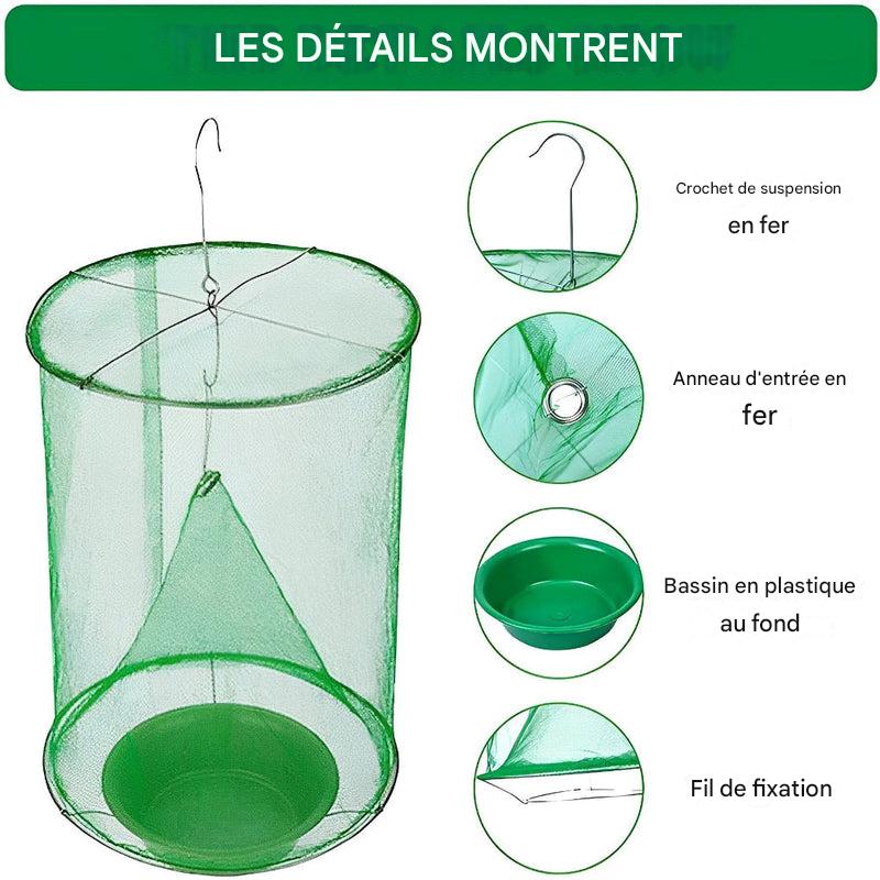 "Piège à mouches stable écologique, réutilisable, maille durable, appât inodore, idéal extérieur grange et jardin."