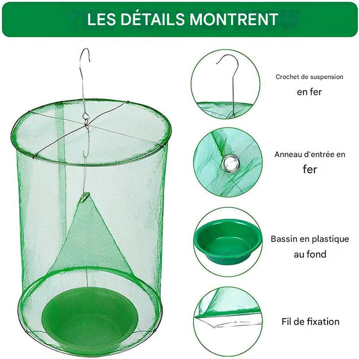 "Piège à mouches stable écologique, réutilisable, maille durable, appât inodore, idéal extérieur grange et jardin."