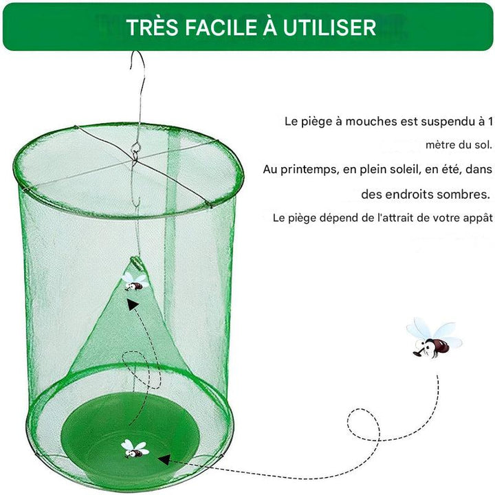 "Piège à mouches stable écologique, réutilisable, maille durable, appât inodore, idéal extérieur grange et jardin."