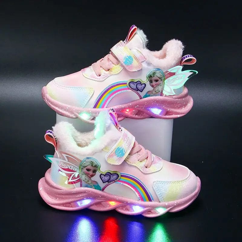Chaussures enfant lumineuses rose/violet, modèle princesse avec lumières LED, style unique.
