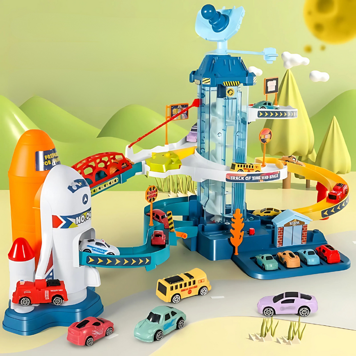 "Piste de course enfant colorée, d'inspiration galactique et préhistorique, favorisant créativité et apprentissage."