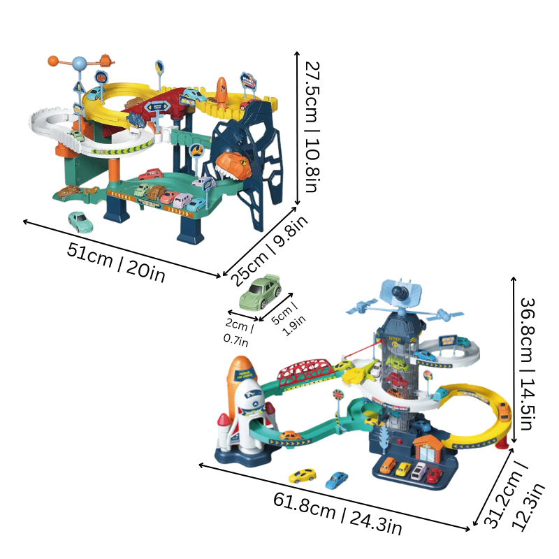 "Piste de course enfant colorée, d'inspiration galactique et préhistorique, favorisant créativité et apprentissage."