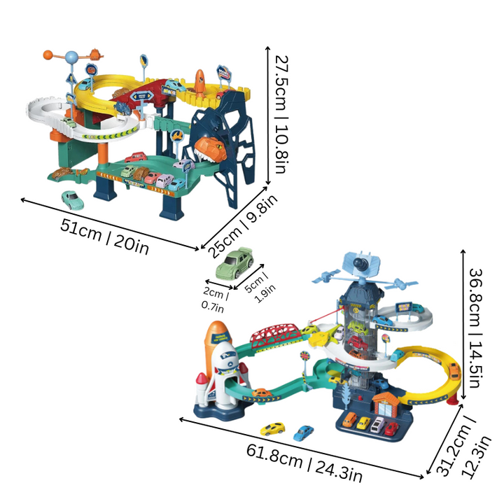 "Piste de course enfant colorée, d'inspiration galactique et préhistorique, favorisant créativité et apprentissage."