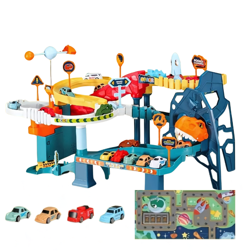 "Piste de course enfant colorée, d'inspiration galactique et préhistorique, favorisant créativité et apprentissage."