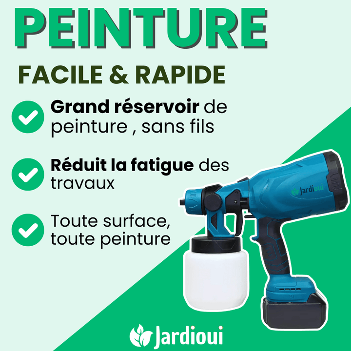Pistolet peinture électrique sans fil.  Pulvérisation rapide et efficace. Idéal DIY et pro.
