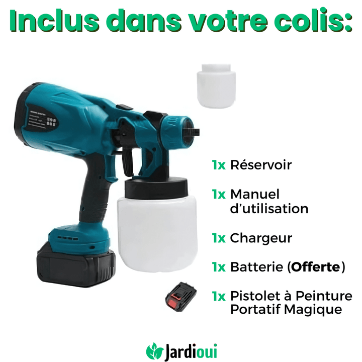 Pistolet peinture électrique sans fil.  Pulvérisation rapide et efficace. Idéal DIY et pro.