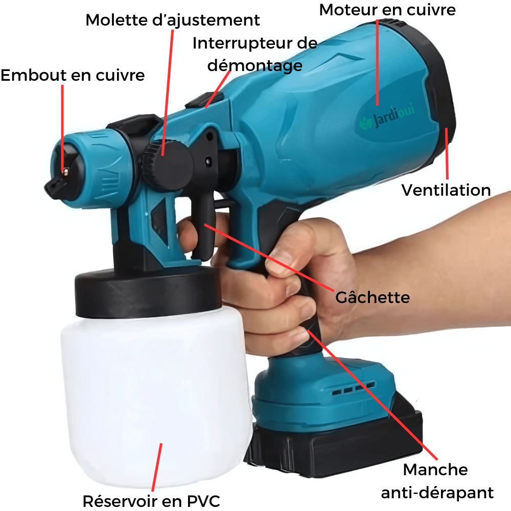 Pistolet peinture électrique sans fil.  Pulvérisation rapide et efficace. Idéal DIY et pro.