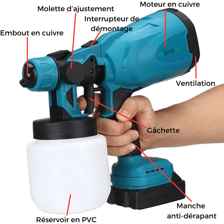 Pistolet peinture électrique sans fil.  Pulvérisation rapide et efficace. Idéal DIY et pro.