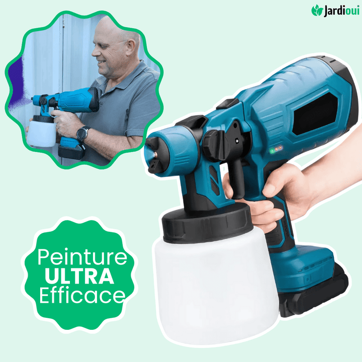 Pistolet peinture électrique sans fil.  Pulvérisation rapide et efficace. Idéal DIY et pro.