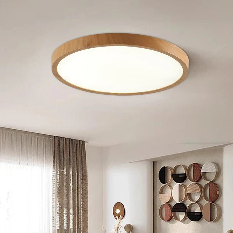 Plafonnier LED bois design moderne, ultra-fin et circulaire.  Éclairage réglable.