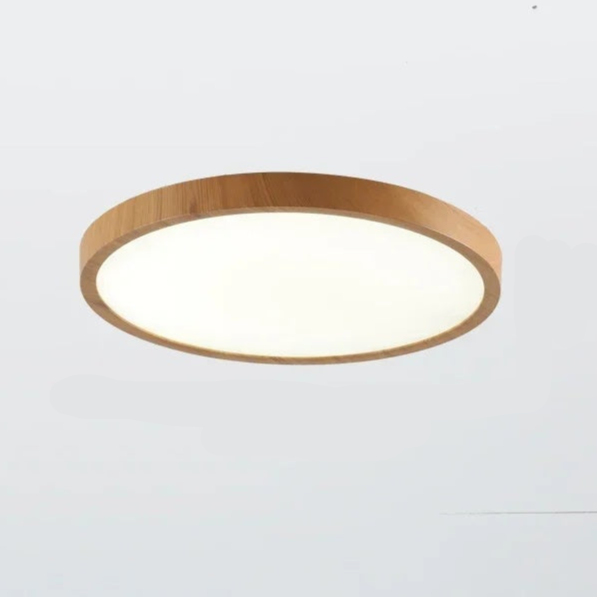 Plafonnier LED bois design moderne, ultra-fin et circulaire.  Éclairage réglable.