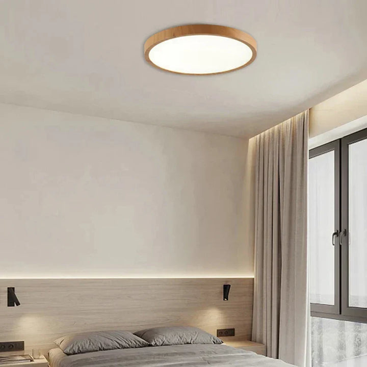 Plafonnier LED bois design moderne, ultra-fin et circulaire.  Éclairage réglable.