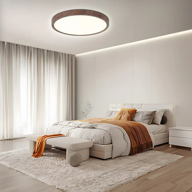 Plafonnier LED bois design moderne, ultra-fin et circulaire.  Éclairage réglable.