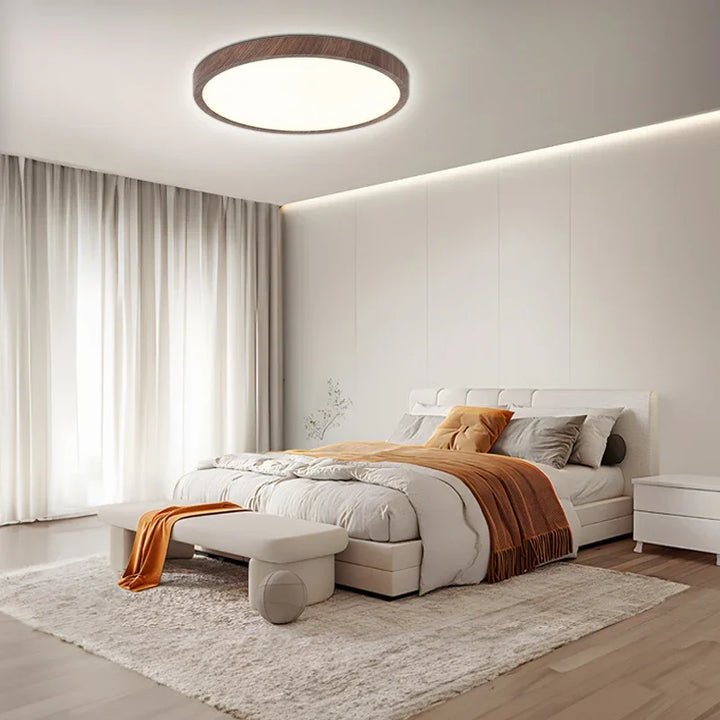 Plafonnier LED bois design moderne, ultra-fin et circulaire.  Éclairage réglable.