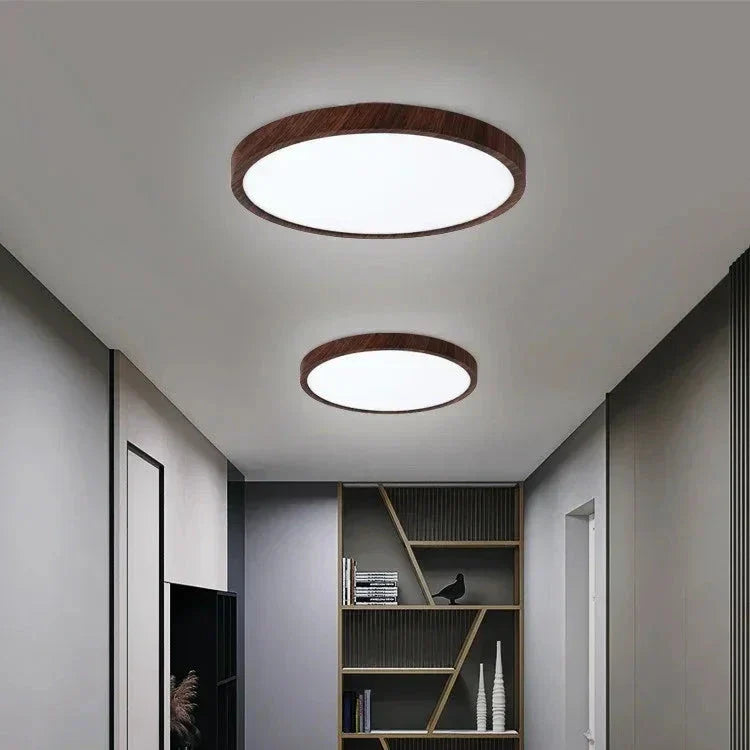 Plafonnier LED bois design moderne, ultra-fin et circulaire.  Éclairage réglable.