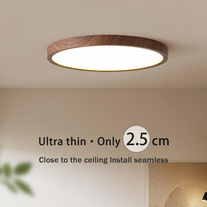Plafonnier LED bois design moderne, ultra-fin et circulaire.  Éclairage réglable.