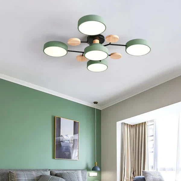Plafonnier LED design scandinave. Bois et métal. Lumière douce et diffuse. Idéal salon/chambre.