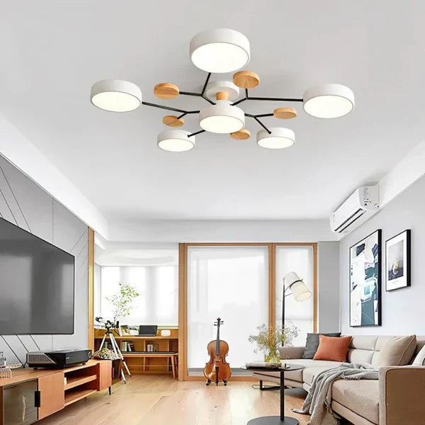 Plafonnier LED design scandinave. Bois et métal. Lumière douce et diffuse. Idéal salon/chambre.