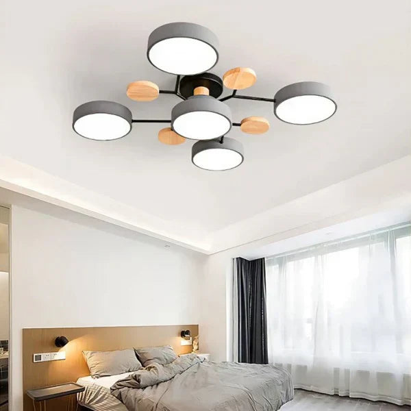 Plafonnier LED design scandinave. Bois et métal. Lumière douce et diffuse. Idéal salon/chambre.