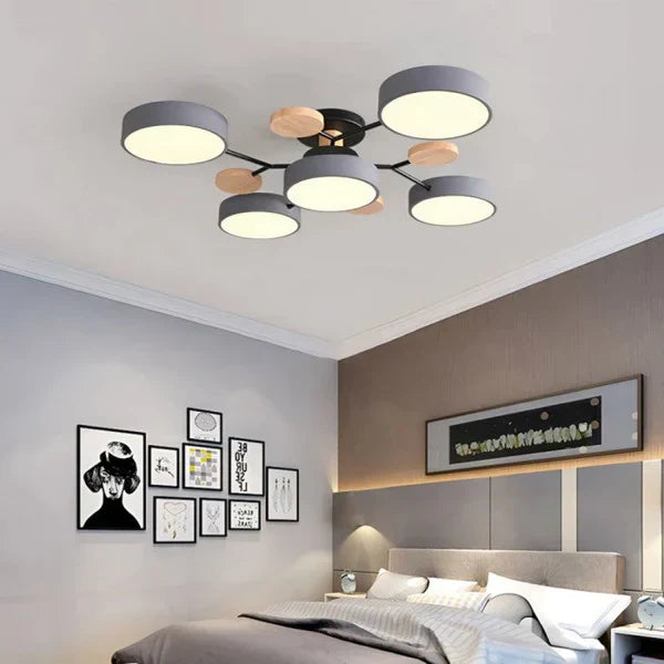 Plafonnier LED design scandinave. Bois et métal. Lumière douce et diffuse. Idéal salon/chambre.