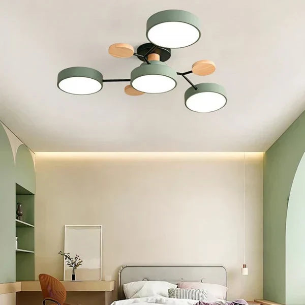 Plafonnier LED design scandinave. Bois et métal. Lumière douce et diffuse. Idéal salon/chambre.