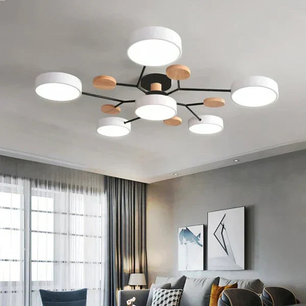 Plafonnier LED design scandinave. Bois et métal. Lumière douce et diffuse. Idéal salon/chambre.