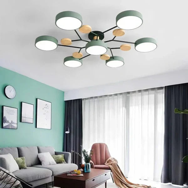 Plafonnier LED design scandinave. Bois et métal. Lumière douce et diffuse. Idéal salon/chambre.