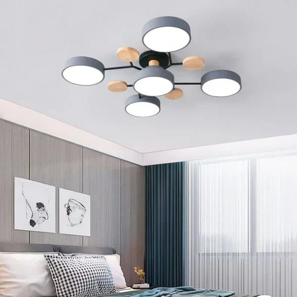 Plafonnier LED design scandinave. Bois et métal. Lumière douce et diffuse. Idéal salon/chambre.