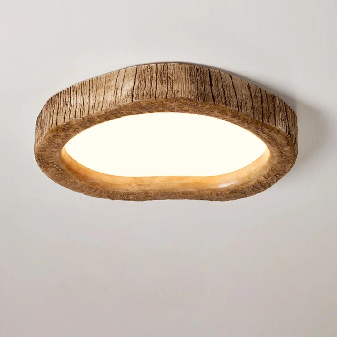 Plafonnier LED en bois naturel, design rustique, lumière chaude, idéal pour décoration intérieure conviviale.