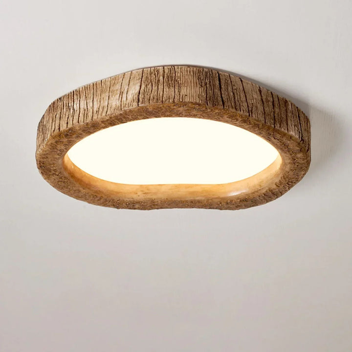 Plafonnier LED en bois naturel, design rustique, lumière chaude, idéal pour décoration intérieure conviviale.