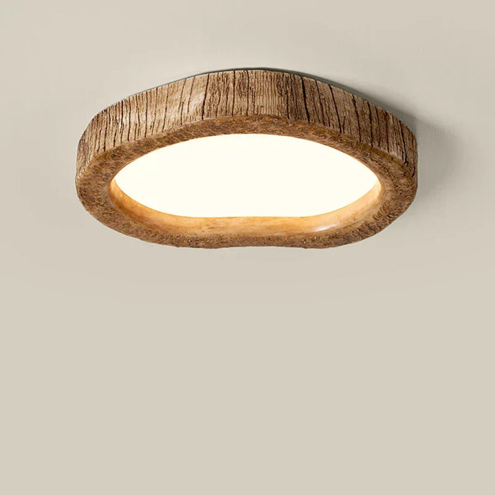 Plafonnier LED en bois naturel, design rustique, lumière chaude, idéal pour décoration intérieure conviviale.