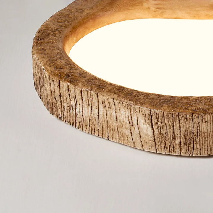 Plafonnier LED en bois naturel, design rustique, lumière chaude, idéal pour décoration intérieure conviviale.