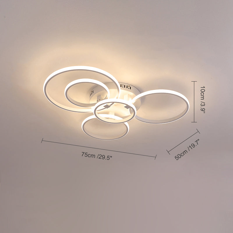 Plafonnier LED moderne, design circulaire, intensité variable.  Éclairage blanc.