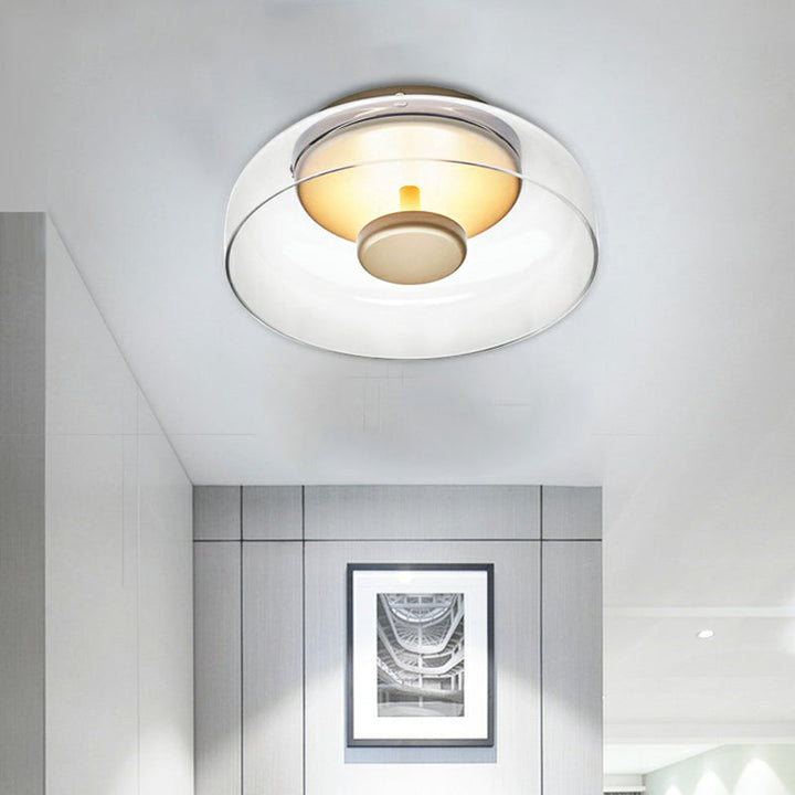 Plafonnier LED moderne, éclairage entrée. Design élégant en verre, lumière chaleureuse.