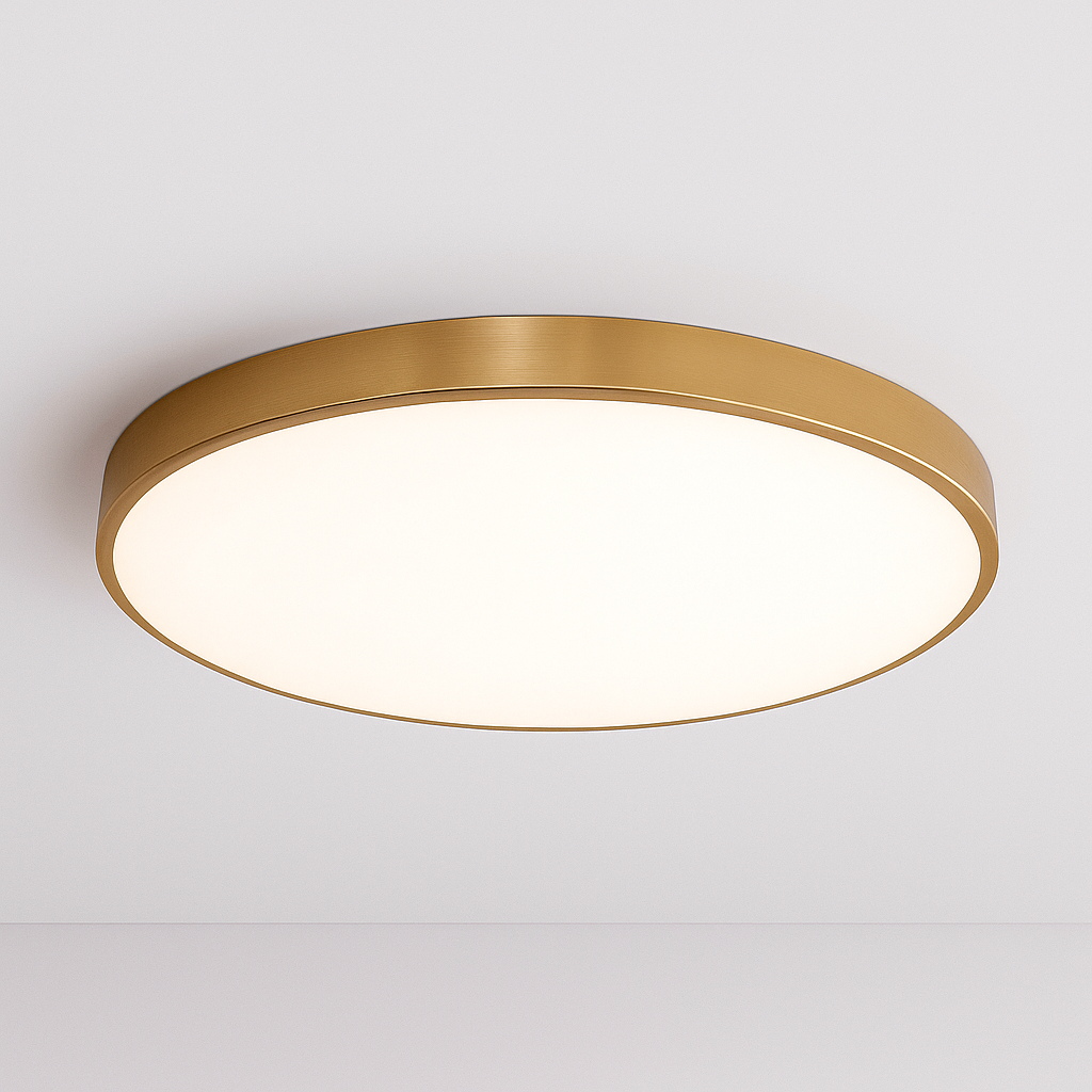 "Plafonnier LED scandinave élégant, finitions noir, blanc, or, design moderne et lumineux pour intérieur contemporain."