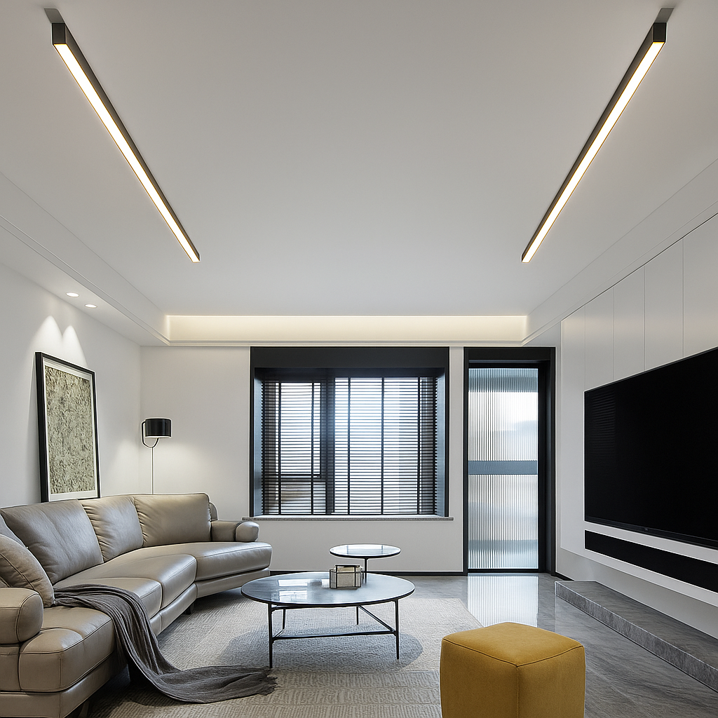 Plafonnier LED scandinave moderne, design épuré, lumière blanche, aluminium et acrylique, idéal pour salons et bureaux.