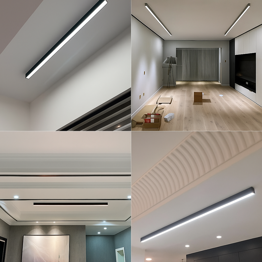 Plafonnier LED scandinave moderne, design épuré, lumière blanche, aluminium et acrylique, idéal pour salons et bureaux.