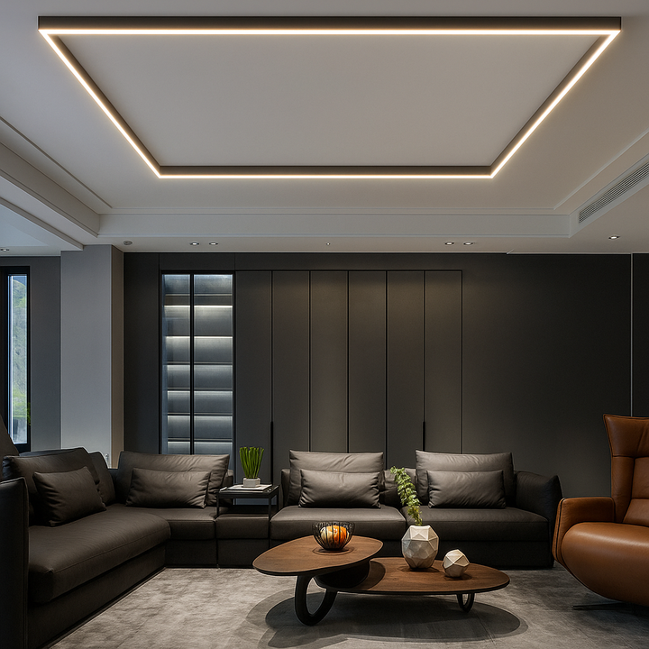 Plafonnier LED scandinave moderne, design épuré, lumière blanche, aluminium et acrylique, idéal pour salons et bureaux.