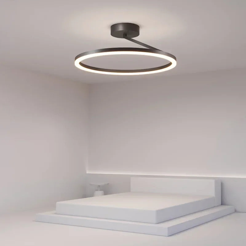 "Plafonnier LED scandinave rond, design minimaliste, lumière blanche chaude pour ambiance douce et relaxante."