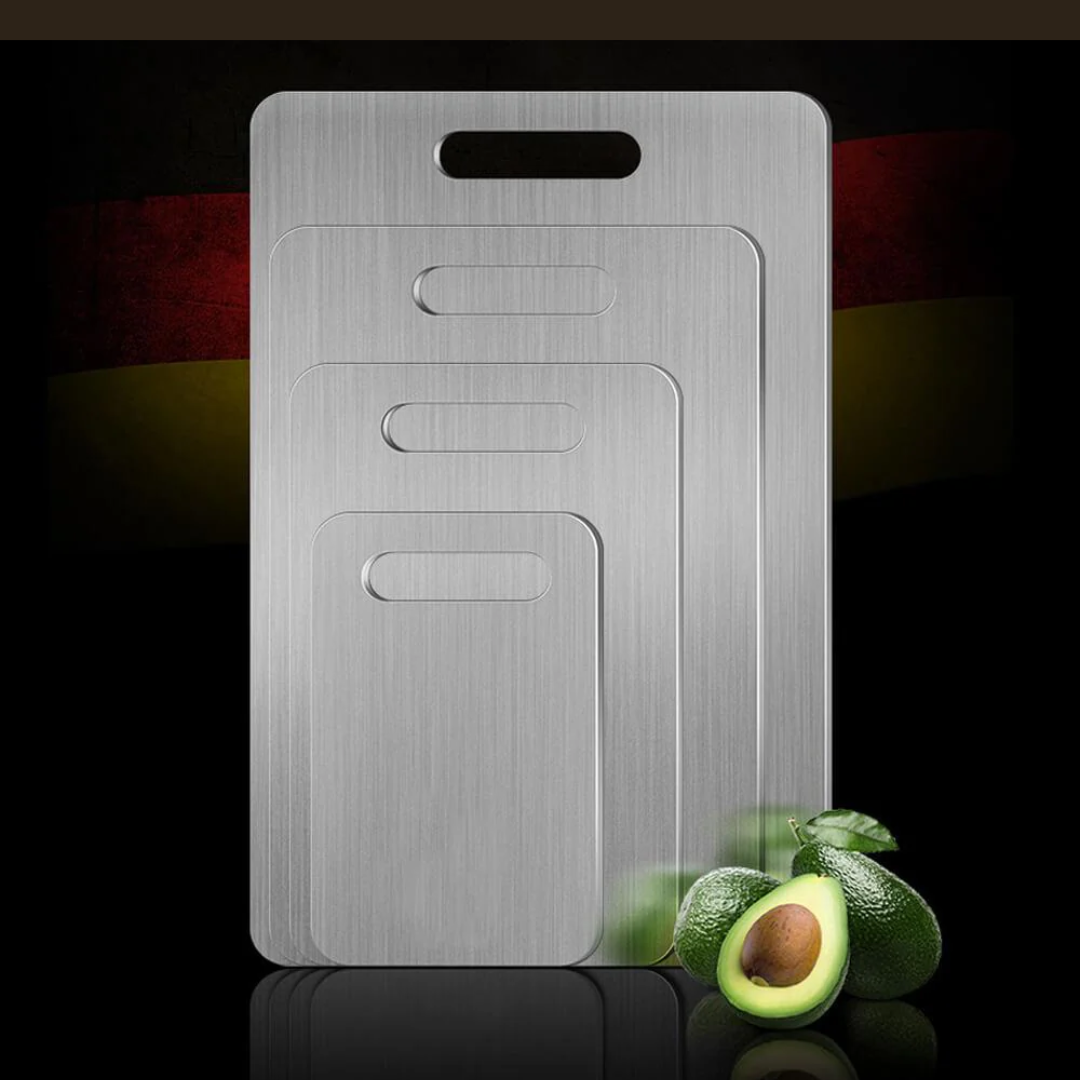 Planche à découper titane antibactérienne, durable et élégante.  Hygiène et résistance optimales.