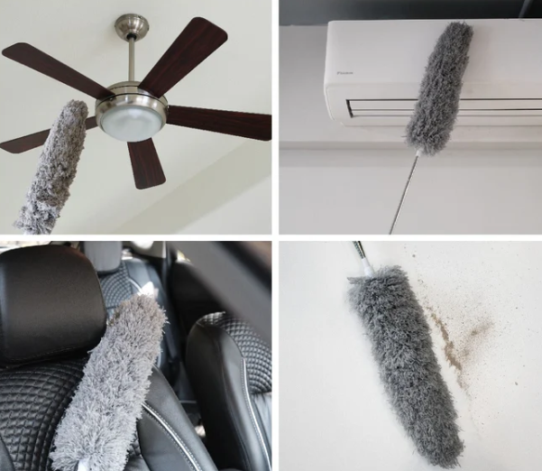 "Plumeau incurvé lavable en microfibre, tête flexible, poignée inox, nettoyage facile et pratique, gris moderne."