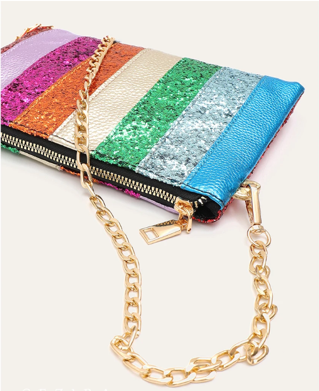 Pochette de soirée chic en cuir PU rose et paillettes multicolores, un style glamour et raffiné.