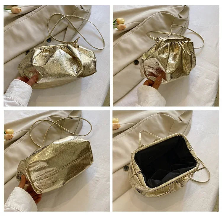 Détail de la pochette dorée pour femme, texture brillante, fermoir élégant. L'accessoire chic parfait pour soirée.