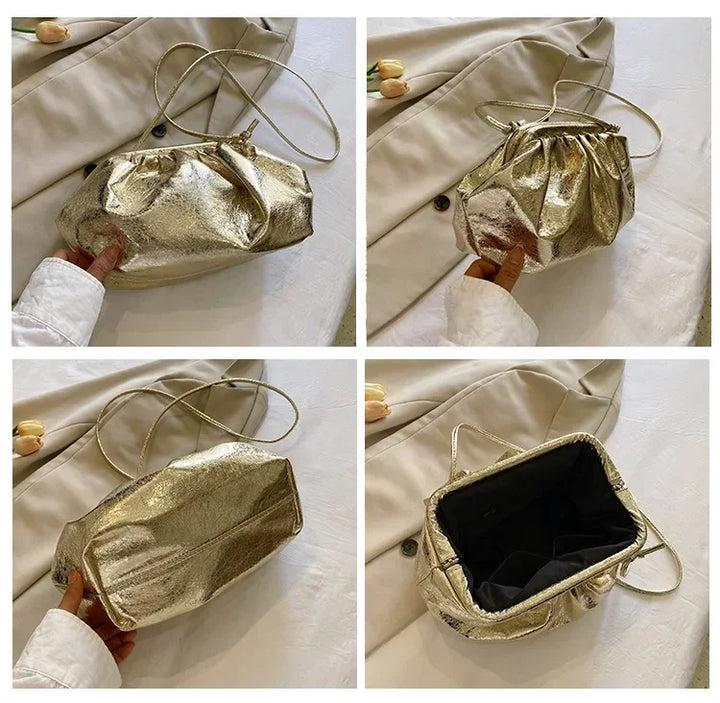 Détail de la pochette dorée pour femme, texture brillante, fermoir élégant. L'accessoire chic parfait pour soirée.