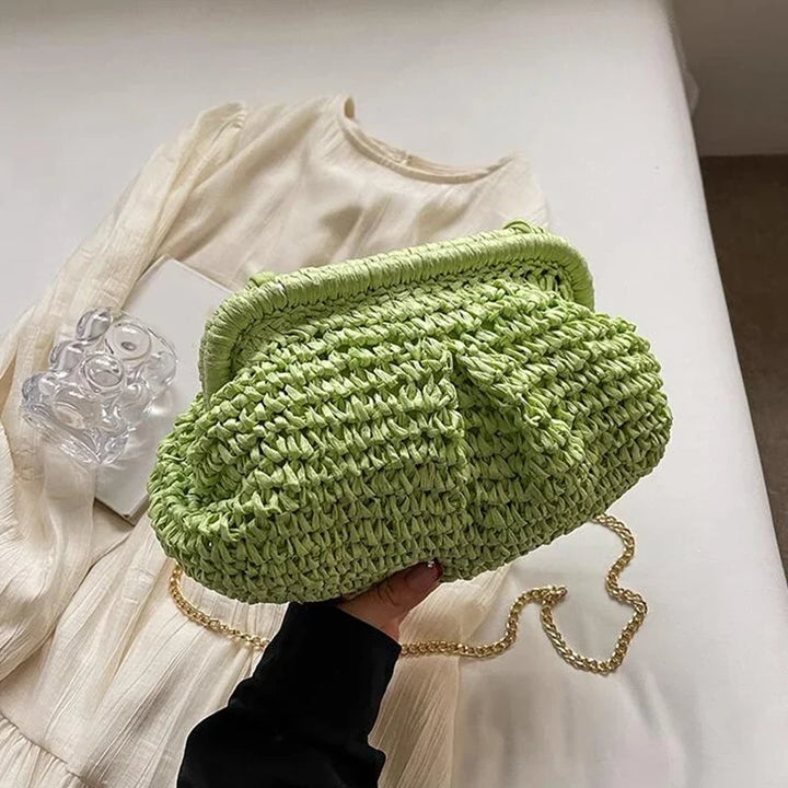 Sac d'été pochette en paille, style bohème chic pour femme, idéal pour les vacances et les sorties décontractées.