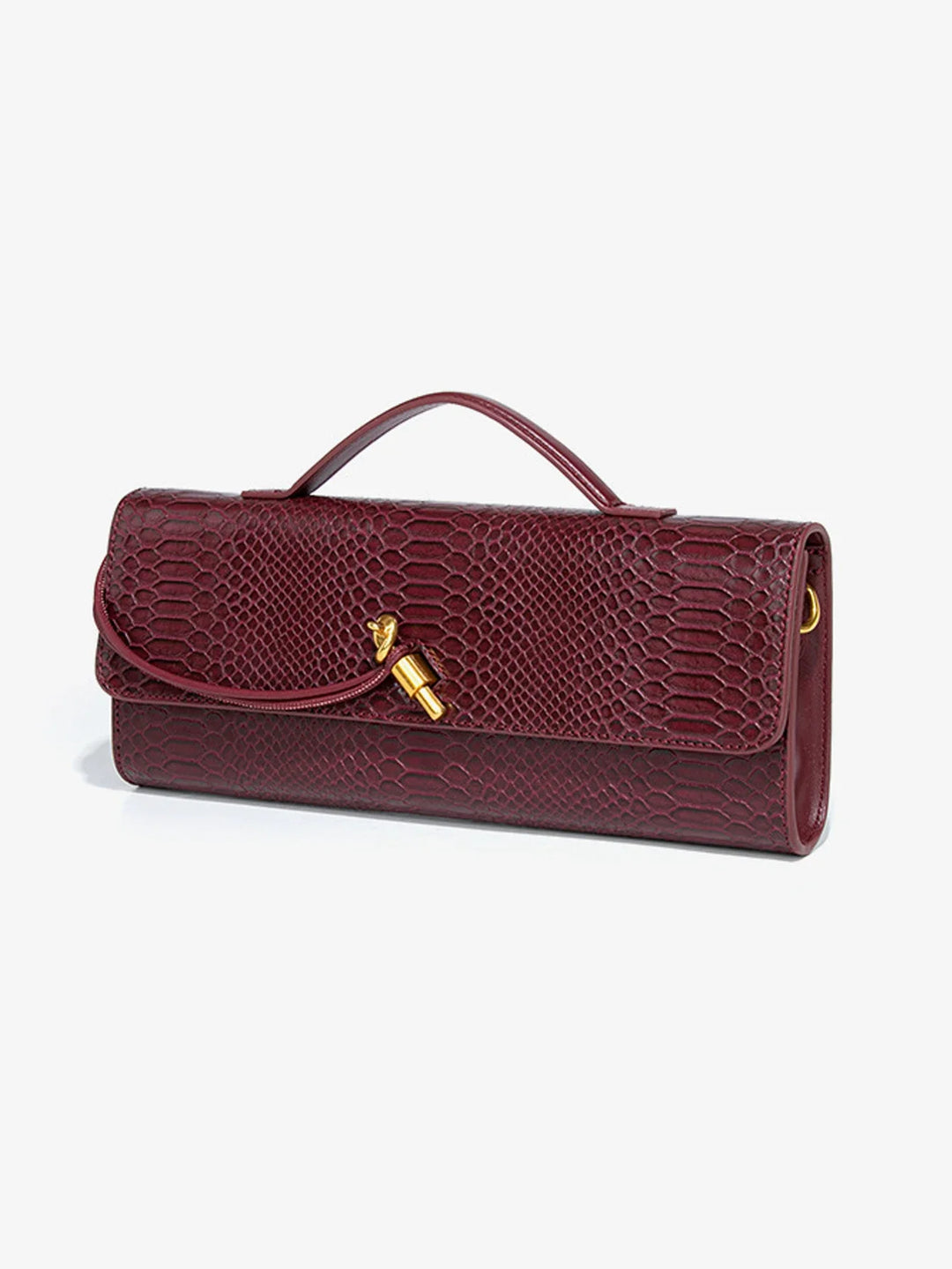 Sac pochette soirée femme chic, motif croco noir, accessoire de luxe élégant.